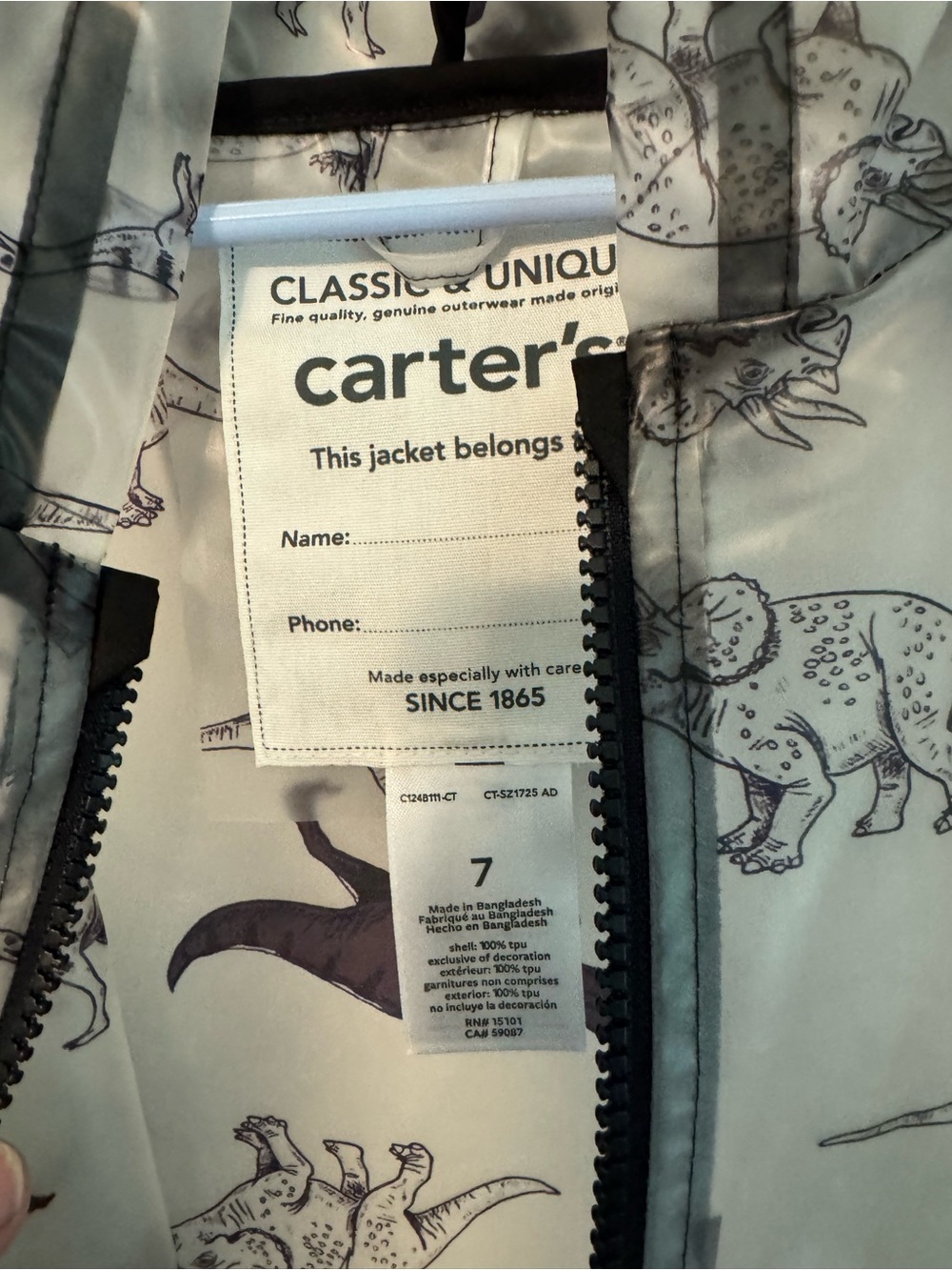Carter’s Boys Dinosaur Rain Jacket Size 7 🌧️ Clear Hooded Zip Raincoat LiKe NEW - Picture 5 of 9